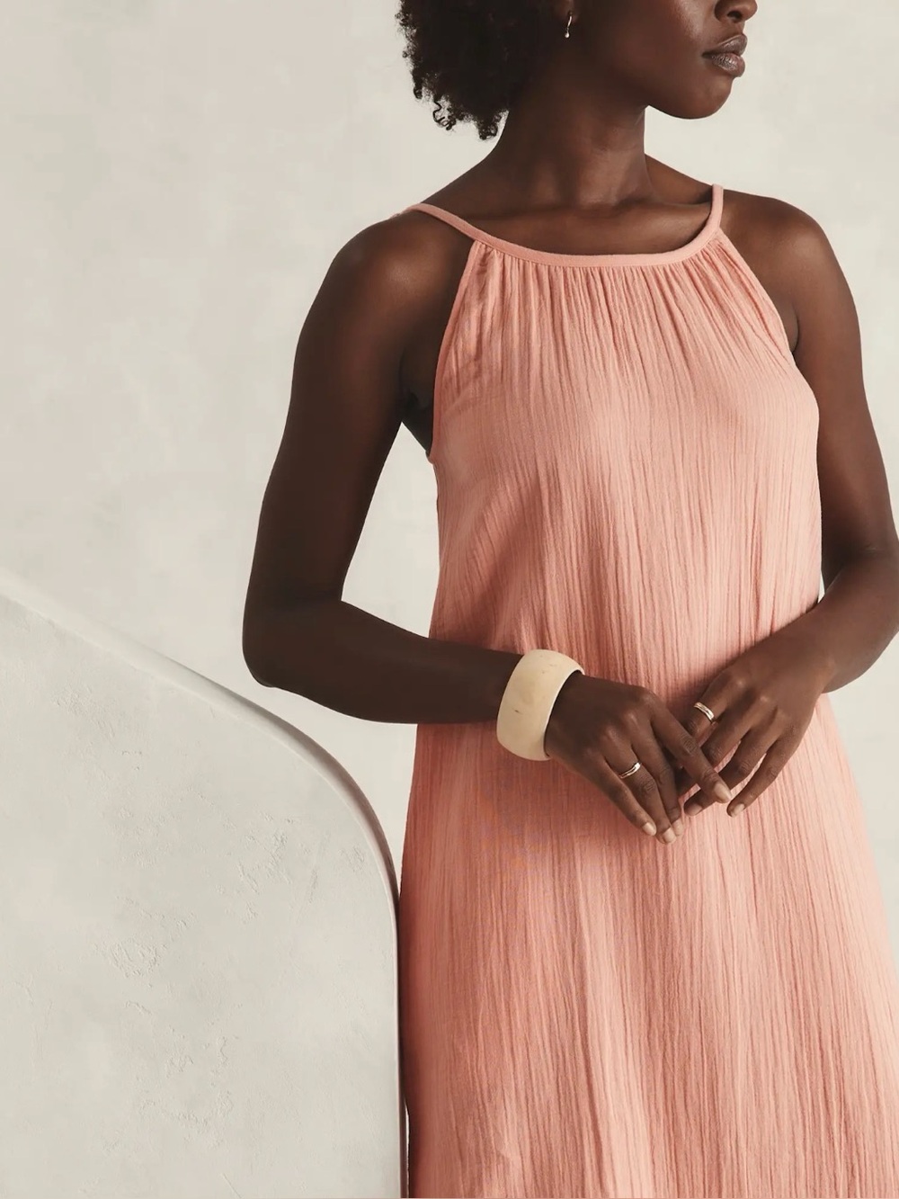 Quince 100% cotton gauze coral blush spaghetti strap high neck maxi dress M